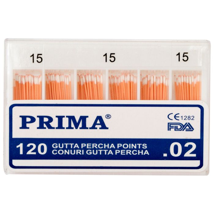 Дентална практика/КОНУСИ ХАРТИЯ И ГУТАПЕРЧА/Точки от гутаперча - PRIMA Gutta Percha върхове .02, no.15-40, различни цветове, 120 бр.