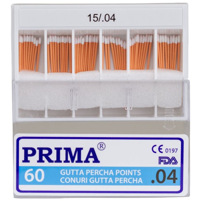 Дентална практика/КОНУСИ ХАРТИЯ И ГУТАПЕРЧА/Точки от гутаперча - PRIMA Guttapercha върхове .04, no.15-40, различни цветове, 60 броя