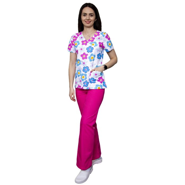 Дамски блузи и палта/Ликвидация - Bluza dama MIRA Imprimeu flori albastre/roz - Uniforma Medicala